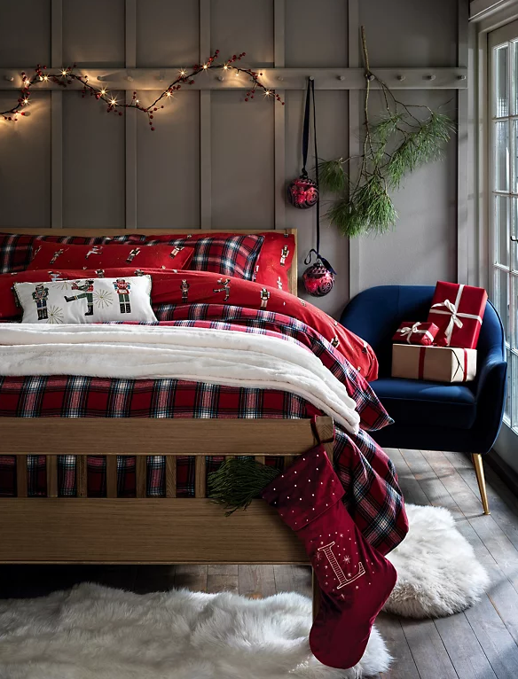 Pure Brushed Cotton Checked Christmas Bedding Set